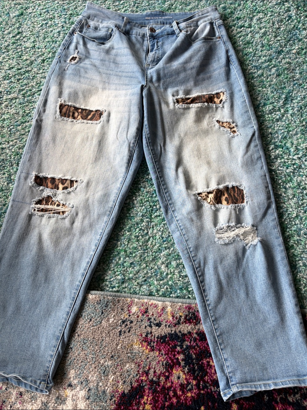 Light Blue Distressed Women's Jeans with Leopard Patch Detail
